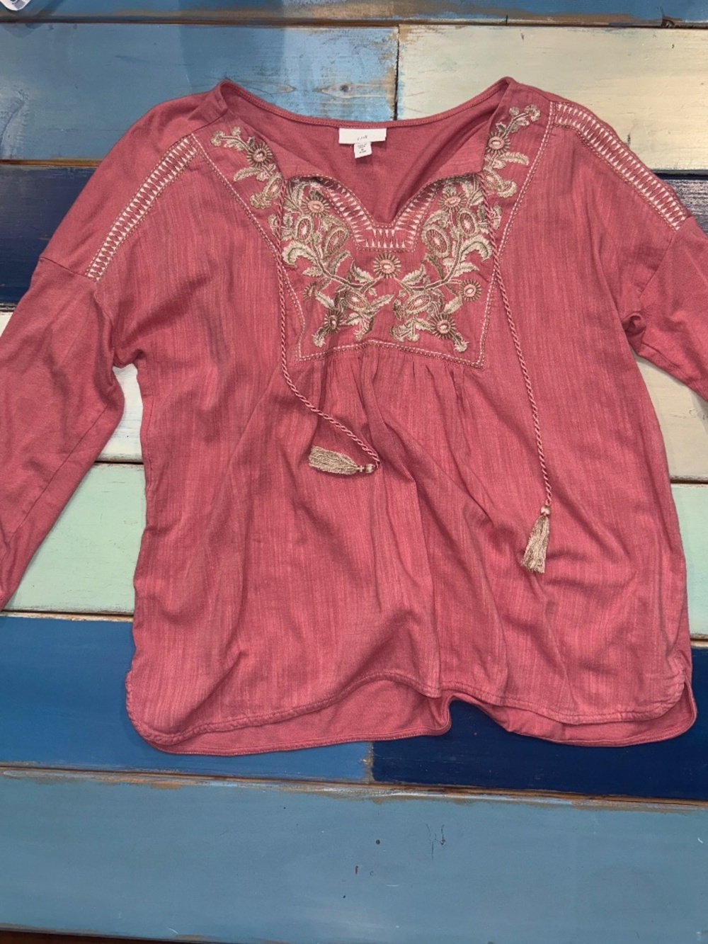 J. Jill Embroidered Tassel Tie Peasant Top Pink Boho Women's Medium Petite MP